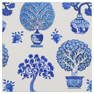 Bonsai Trees Pattern in Cobalt Blue and White Fabric