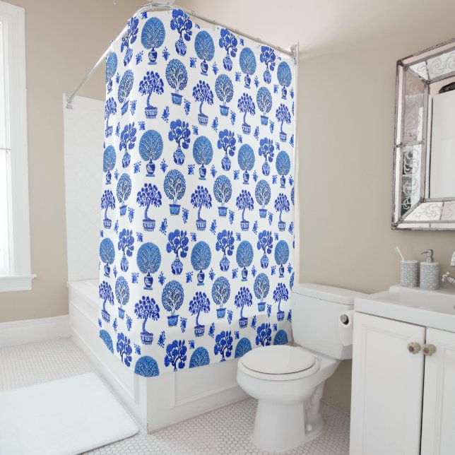 Bonsai Trees Pattern in Cobalt Blue and White Shower Curtain (In Situ)