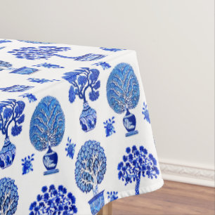 Bonsai Trees Pattern in Cobalt Blue and White Tablecloth