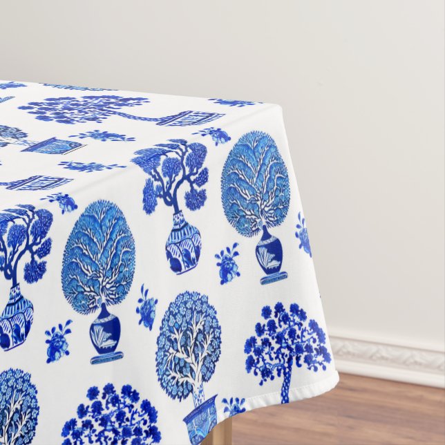 Bonsai Trees Pattern in Cobalt Blue and White Tablecloth (In Situ)