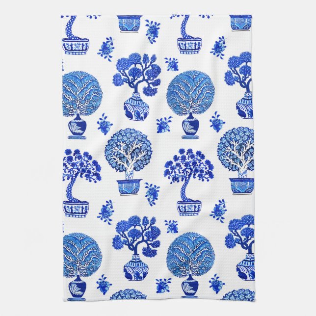 Bonsai Trees Pattern in Cobalt Blue and White Tea Towel (Vertical)