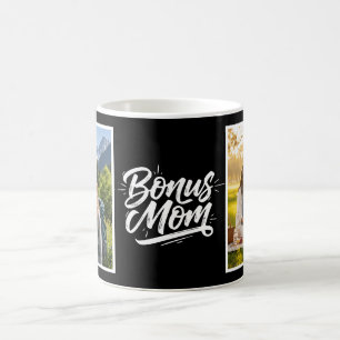 Bonus Mom Brush Script Two Photo Black and White Coffee Mug