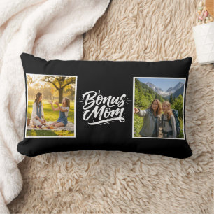 Bonus Mom Brush Script Two Photo Black and White Lumbar Cushion
