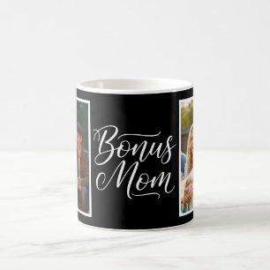 Bonus Mom Elegant Cursive 2 Photo Black Coffee Mug