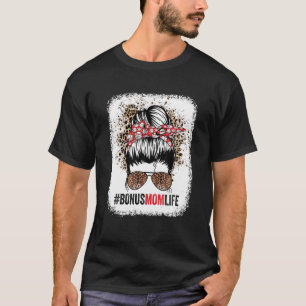 Bonus Mom Life Baseball Softball Messy Bun Leopard T-Shirt