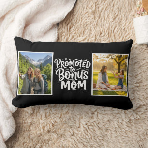 Bonus Mom Promoted Brush Script Double Photo Black Lumbar Cushion