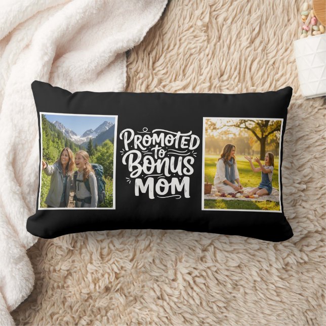 Bonus Mom Promoted Brush Script Double Photo Black Lumbar Cushion (Blanket)