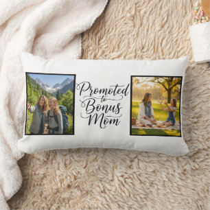 Bonus Mom Promoted Elegant Cursive Double Photo Lumbar Cushion