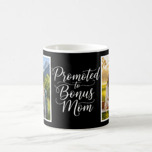 Bonus Mom Promoted Elegant Cursive Two Photo Black Coffee Mug