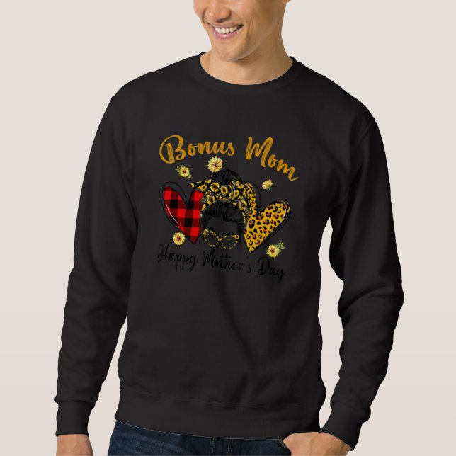 Bonus Mum Life Leopard Plaid Hearts Messy Bun Moth Sweatshirt (Front)