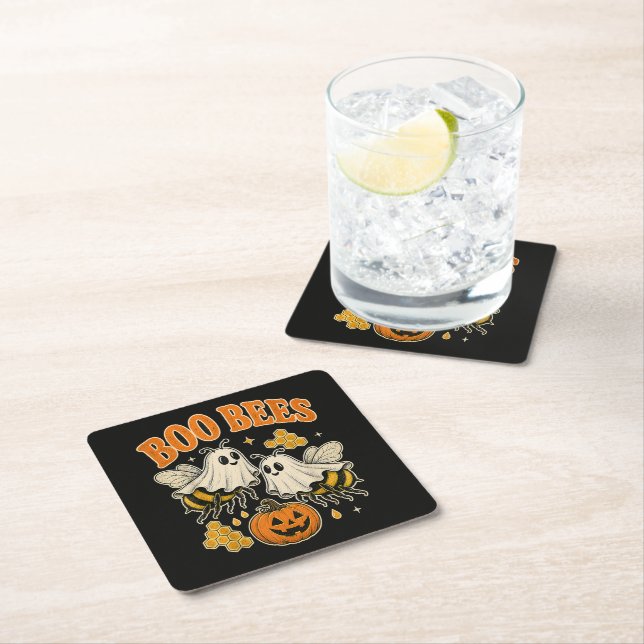 Boo Bees Funny Ghost Bee Pun Cute Halloween Square Paper Coaster (Insitu)