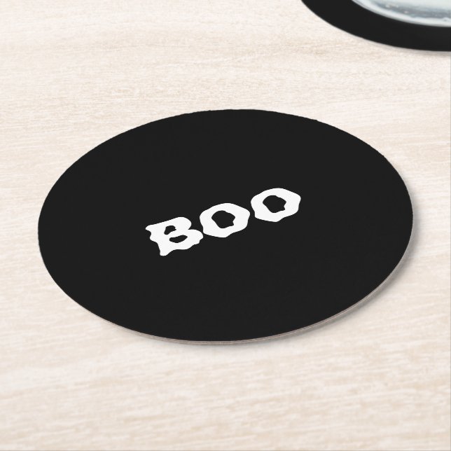 Boo black and white spooky Halloween Round Paper Coaster (Angled)