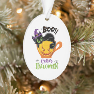 Boo Black Cat, Scary Pumpkin Coffee Halloween Ornament