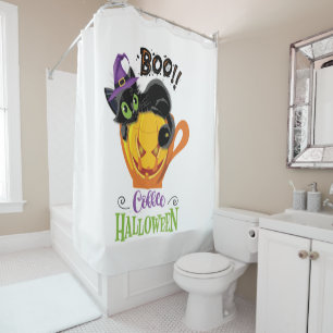 Boo Black Cat, Scary Pumpkin Coffee Halloween Shower Curtain
