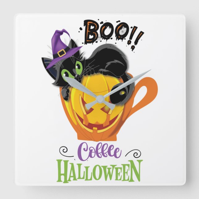 Boo Black Cat, Scary Pumpkin Coffee Halloween Square Wall Clock (Front)