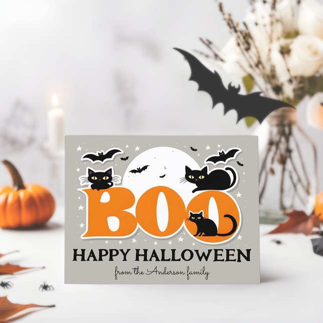 Boo Black Cats and Bats Happy Halloween Postcard (🦇🎃 Spooky Delights: Personalized Halloween Postcard! 👻)