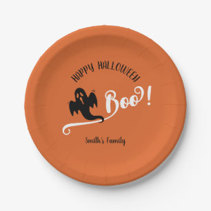 Boo Black Little Ghost Happy Halloween Orange Paper Plate