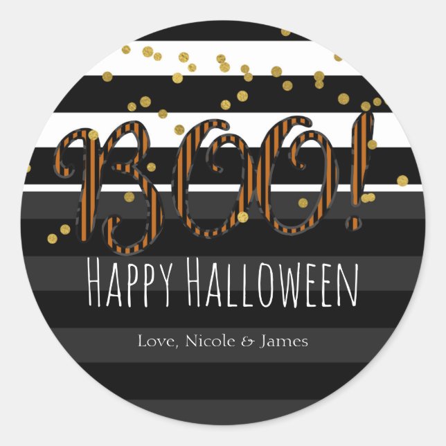 Boo! Black & Orange Halloween Party Favour Classic Round Sticker (Front)