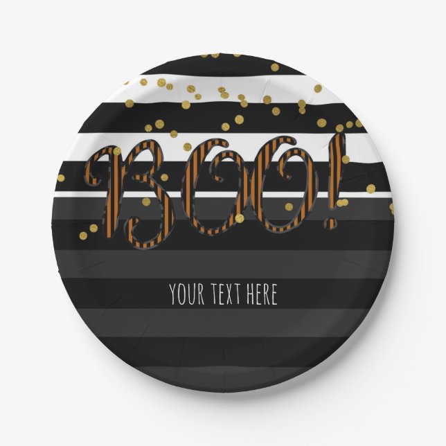 Boo! Black & Orange White Gold Halloween Party Paper Plate (Front)