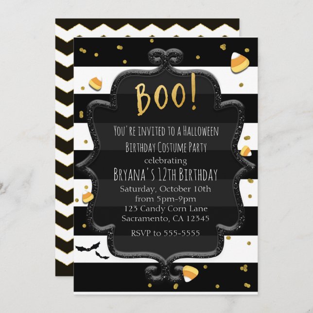 BOO! Black & White Striped Candy Corn Halloween Invitation (Front/Back)