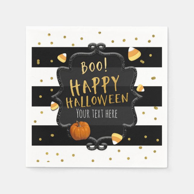 BOO! Black & White Striped Candy Corn Halloween Napkin (Front)