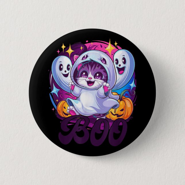 Boo cat ghost  6 cm round badge (Front)