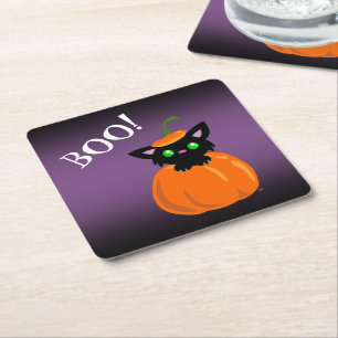 BOO! Cat in a Pumpkin Halloween Paper Coasters