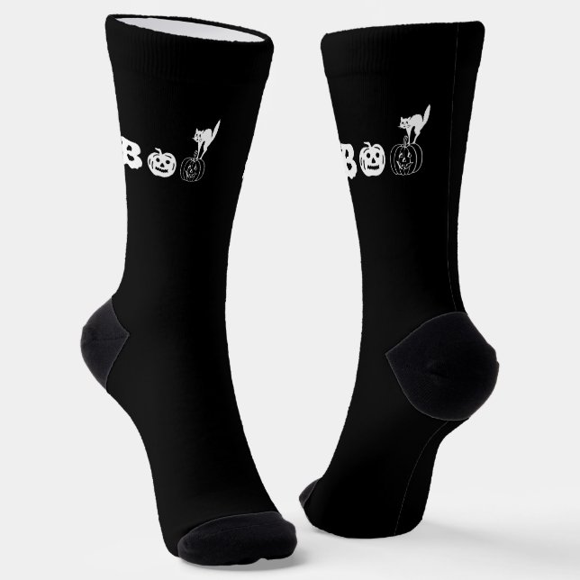 Boo cat pumpkin face jack o lantern typography socks (Angled)