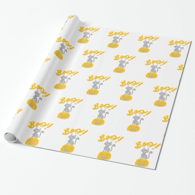 Boo cat with halloween pumpkins - Choose back colo Wrapping Paper (Unrolled)