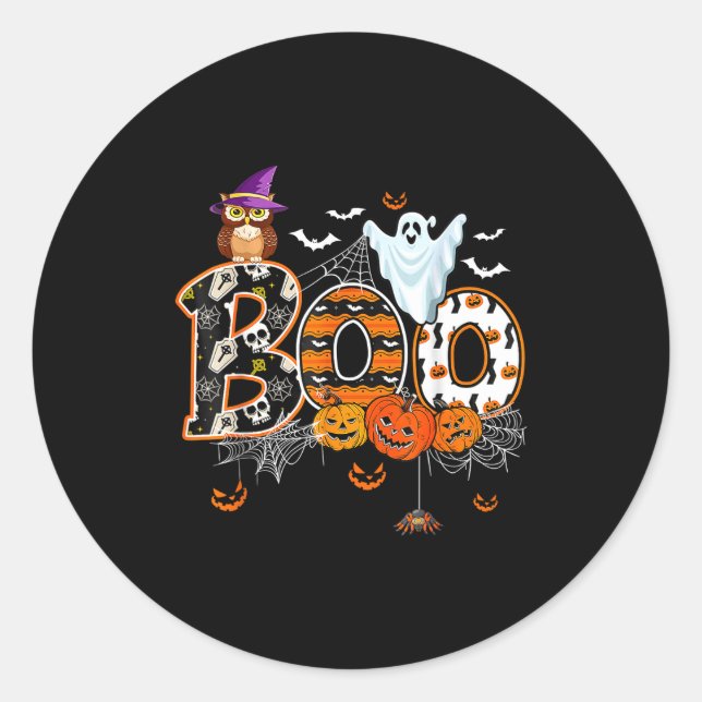 Boo Creepy Owl Pumpkin Ghost Halloween Men Women K Classic Round Sticker (Front)
