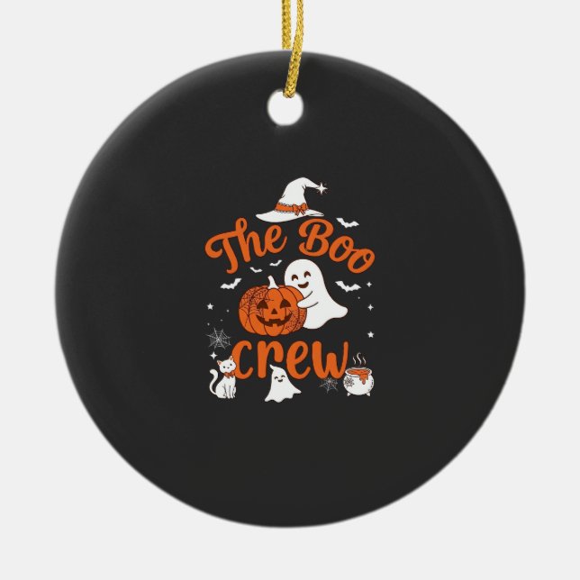 Boo Crew Ghost Pumpkin White Cat Witch Hat Ceramic Tree Decoration (Front)