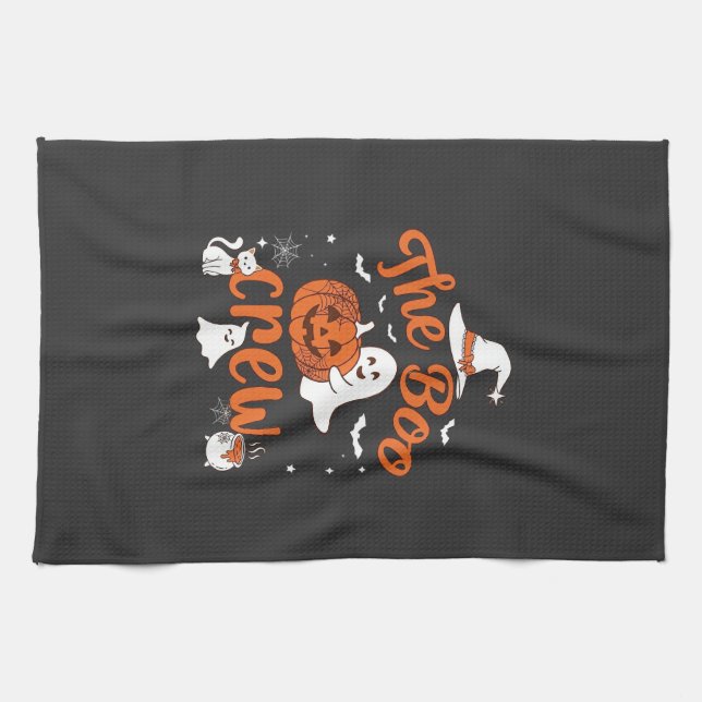 Boo Crew Ghost Pumpkin White Cat Witch Hat Tea Towel (Horizontal)