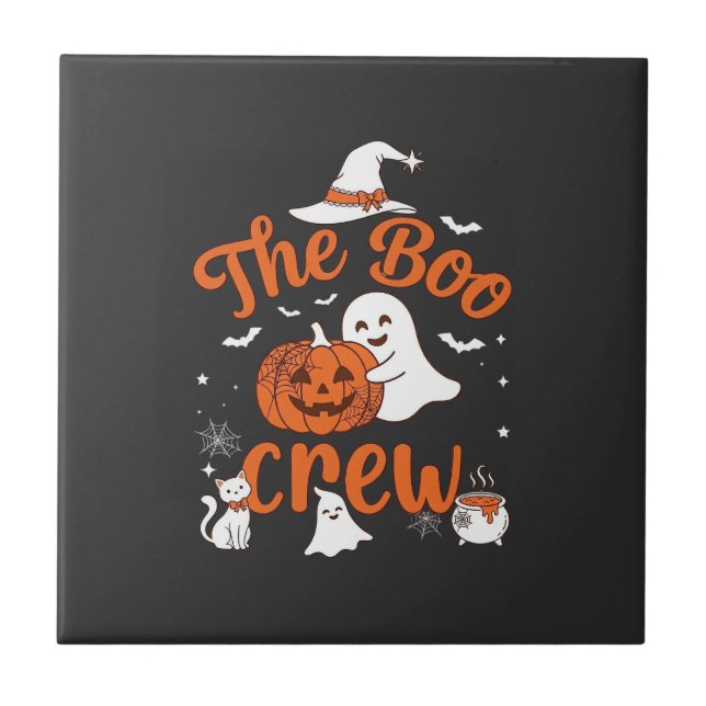 Boo Crew Ghost Pumpkin White Cat Witch Hat Tile (Front)