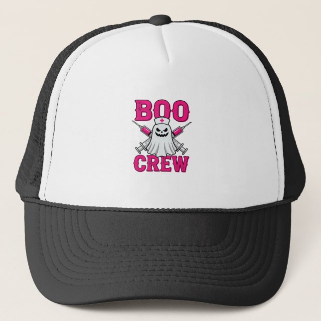 Boo Crew Nurse Ghost Halloween Trucker Hat (Front)