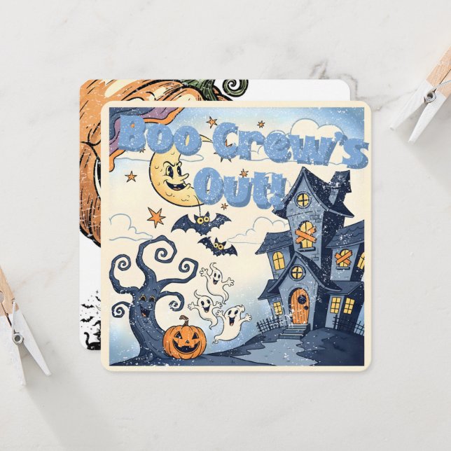 Boo Crew’s Out! Vintage Halloween Illustration Invitation (Front/Back In Situ)