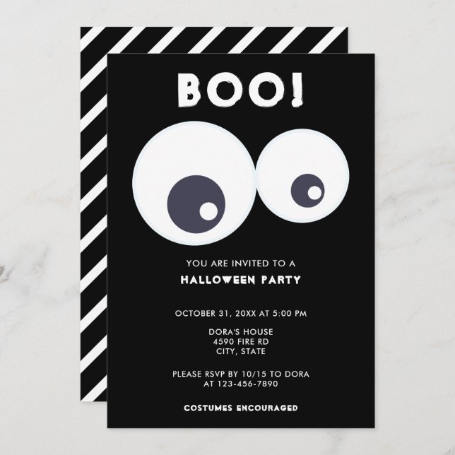 Boo cute Eyeballs Halloween Party Black & White Invitation (Front/Back)