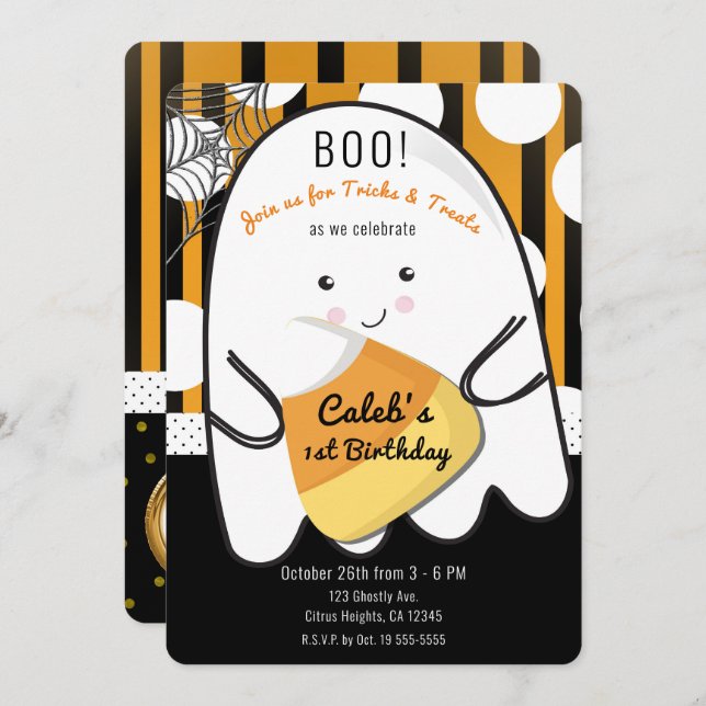 Boo Cute Ghost Halloween ONE 1st Birthday Party Invitation (Front/Back)