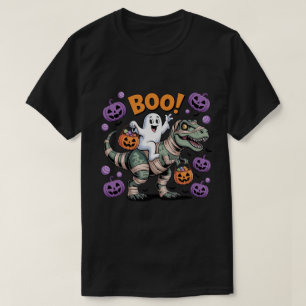 Boo! Cute Ghost Riding Mummy T-Rex with Pumpkins T-Shirt
