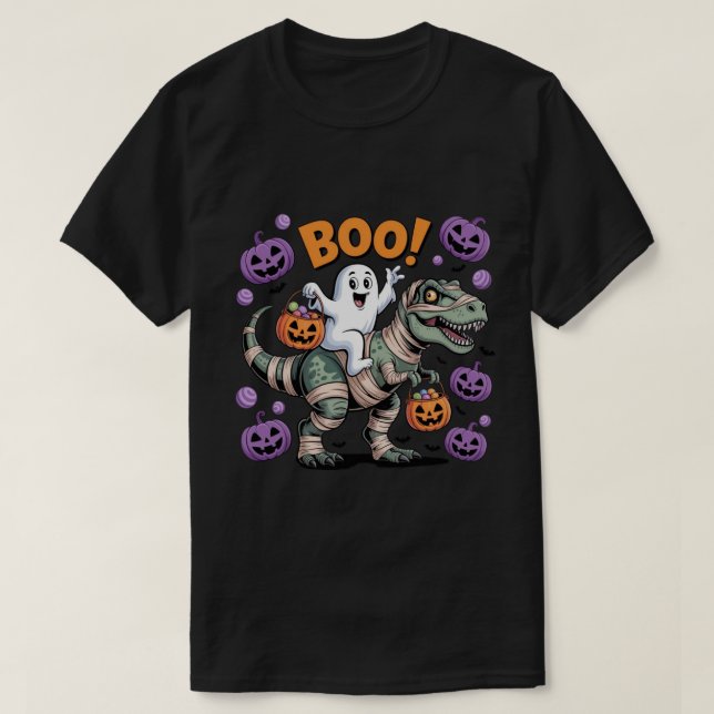 Boo! Cute Ghost Riding Mummy T-Rex with Pumpkins T-Shirt (Design Front)