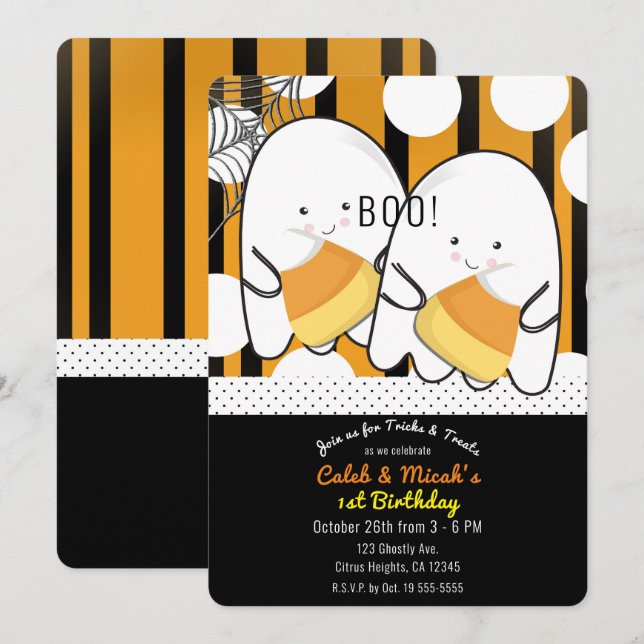 Boo Cute Ghost Twin Boys Halloween Birthday Party Invitation (Front/Back)