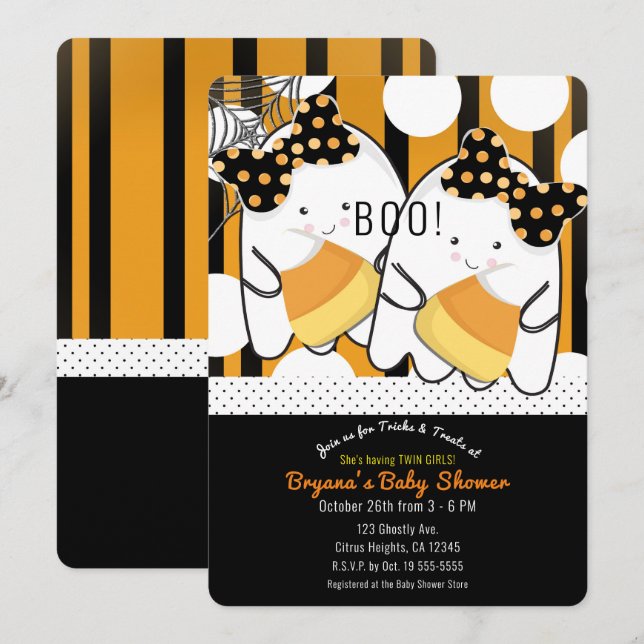 Boo Cute Ghost Twin Girls Halloween Baby Shower Invitation (Front/Back)