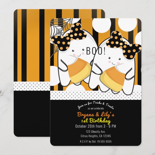 Boo Cute Ghost Twin Girls Halloween Birthday Party Invitation (Front/Back)