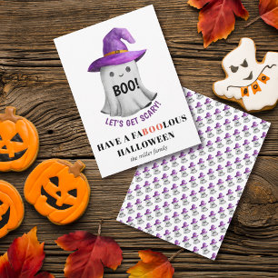Boo! Cute ghost with purple hat Halloween Holiday Card