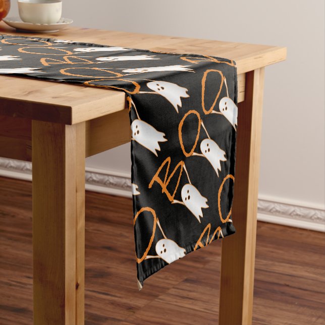 Boo! cute ghosts modern black, orange Halloween Short Table Runner (In Situ)