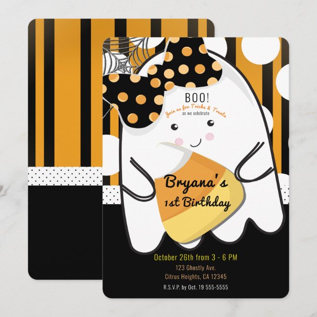 Boo Cute Girl Ghost Halloween Kids Birthday Party Invitation (Front/Back)