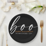 Boo Cute Happy Halloween Black Paper Plate<br><div class="desc">Halloween design features Boo greeting in a modern hand-lettered font.</div>