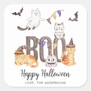 Boo Cute Happy Halloween Cats Ghosts Kid's Party  Square Sticker