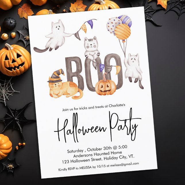 Boo Cute Kid's Halloween Cats Ghosts Pumpkin Party Invitation (Creator Uploaded)