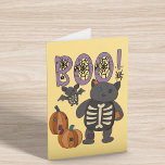 Boo! Cute Patchwork Skeleton Cat and Bat Halloween Card<br><div class="desc">Despite the "Boo!" message on the front of this Halloween card there's nothing too spooky about this cute greeting. The message "BOO" is decorated with spiderwebs and is accompanied by an illustration of a patchwork kitty cat and bat. These two animals in charcoal grey have skeletons showing on their bellies...</div>