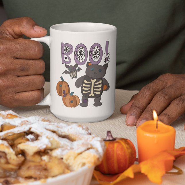 Boo! Cute Patchwork Skeleton Cat and Bat Halloween Coffee Mug (Creator Uploaded)
